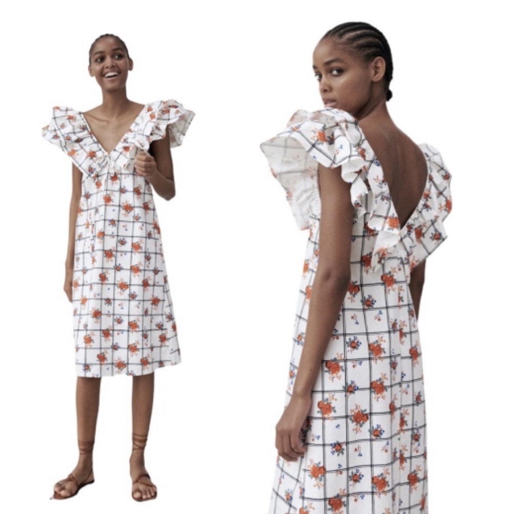 Zara Lattice Ruffle Shoulder Floral Midi Dress Womens S